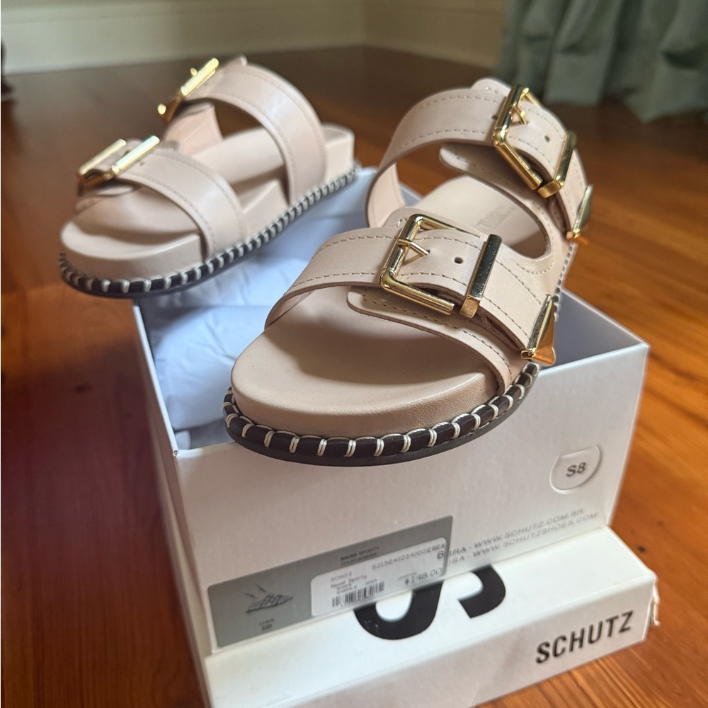 SCHUTZ Cream Sandals with Gold Accents
